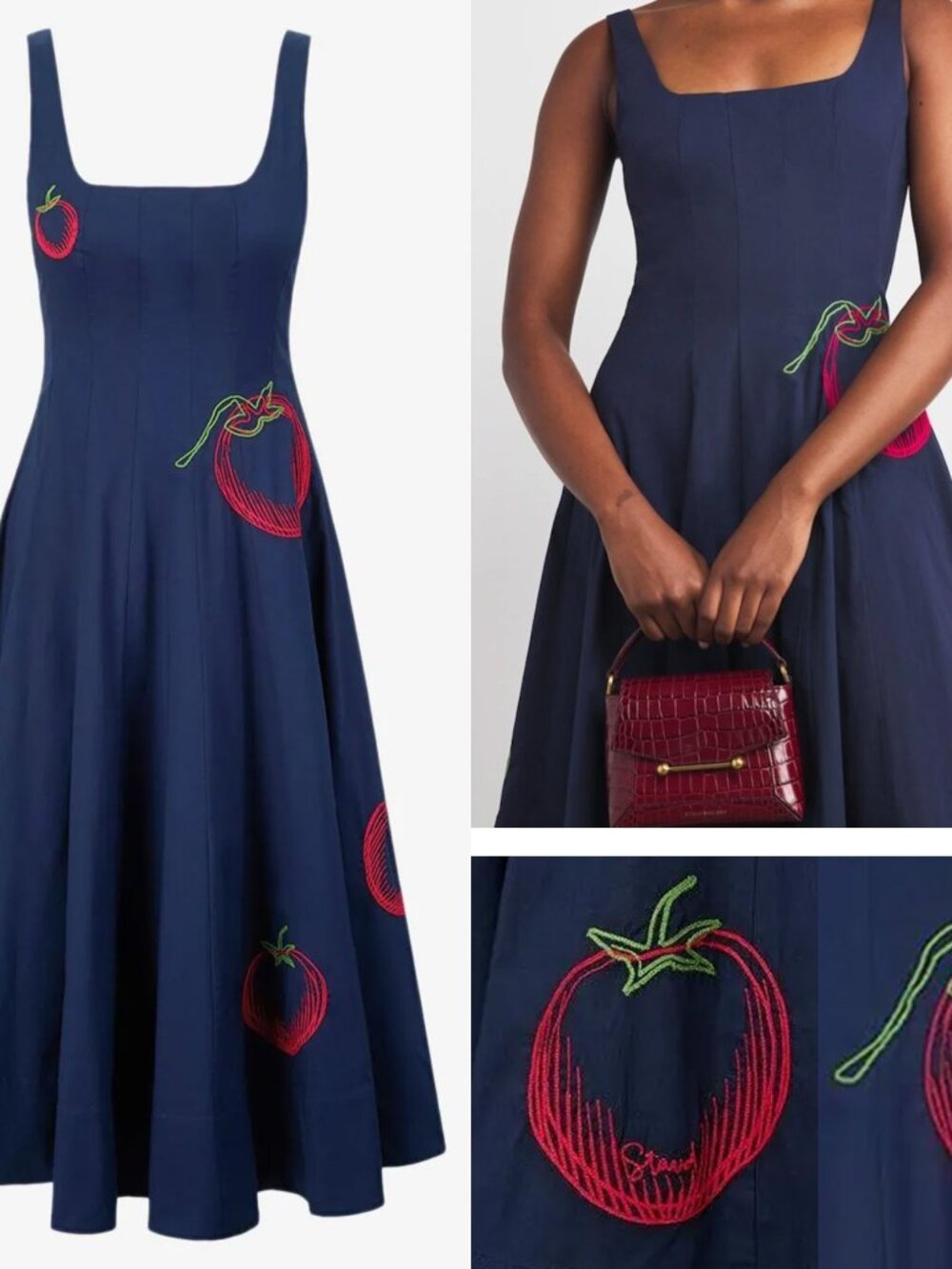 STAUD Wells NAVY BLUE ROMA RED Tomato Embroidered Midi MAXI Dress SZ 8 classic